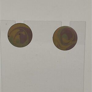 Round Stud Earrings With Abstract Swirl Design In Yellow & Purple